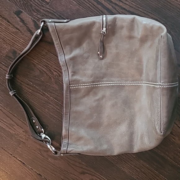 Roots Taupe Leather Slouchy Hobo Shoulder Bag Large Purse Weekend Carry-all - Picture 4 of 15